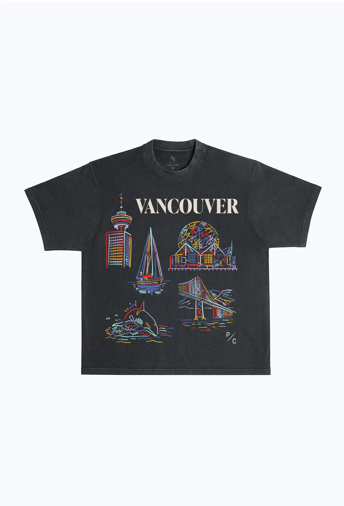 Vancouver Sketch Schweres T-Shirt im Garment-Dyed-Look - Schwarz