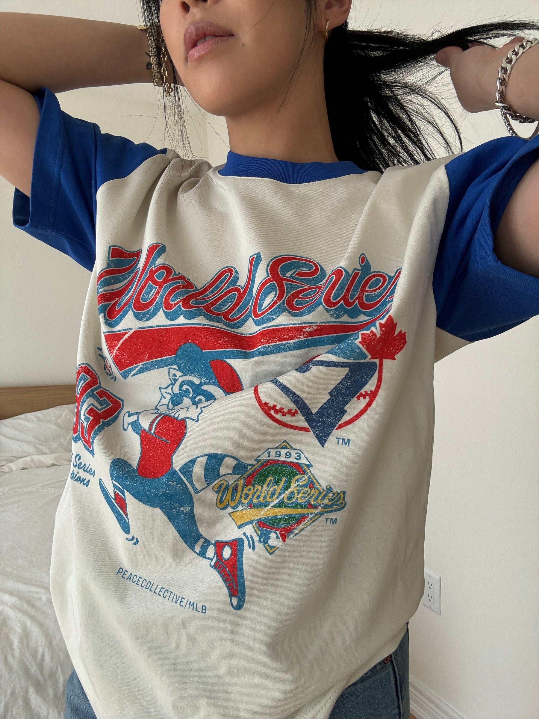 T-shirt raglan des Blue Jays de Toronto - Ivoire/Bleu roi