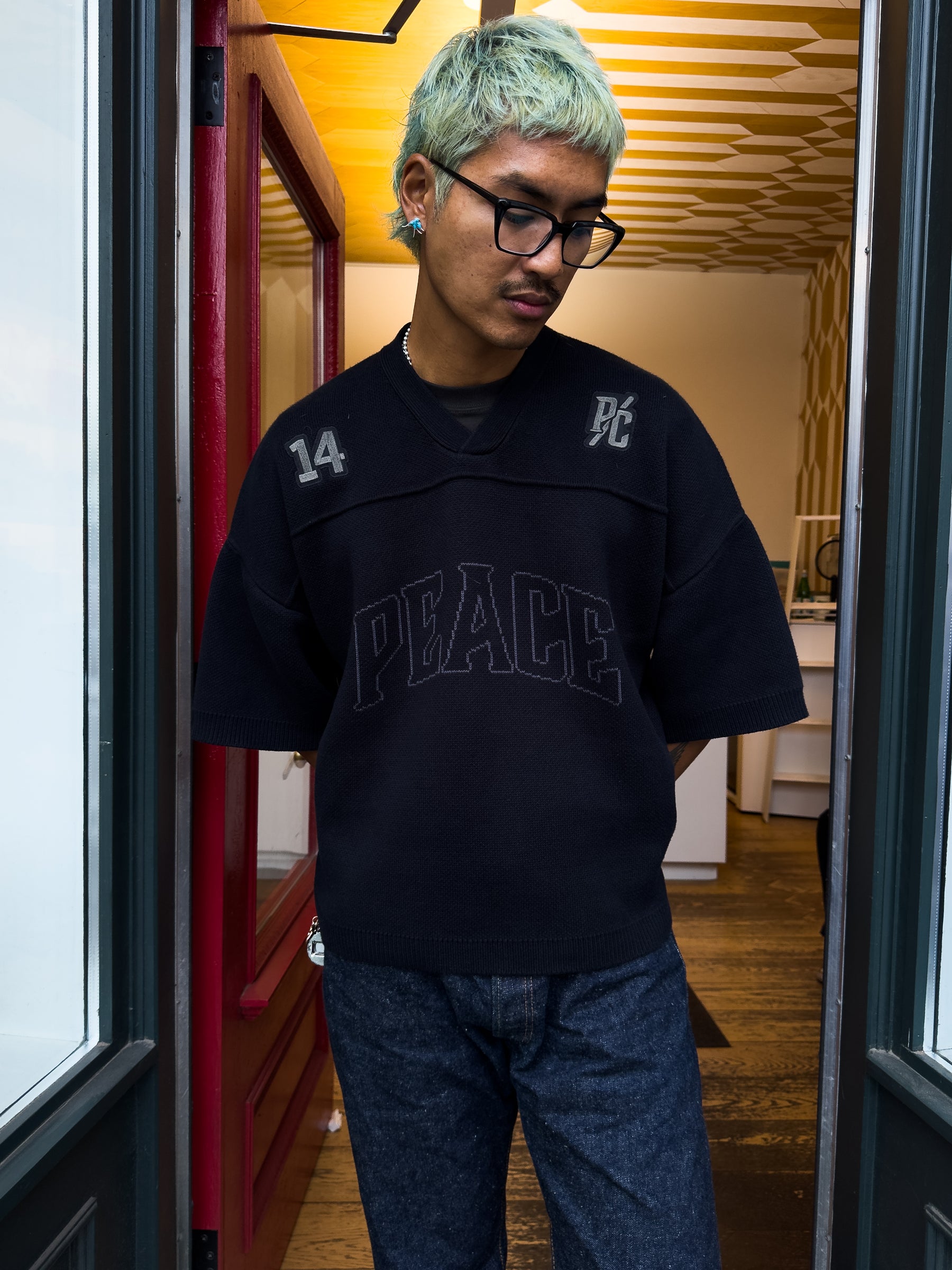 Peace Tonal Knit Football Sweater - Black