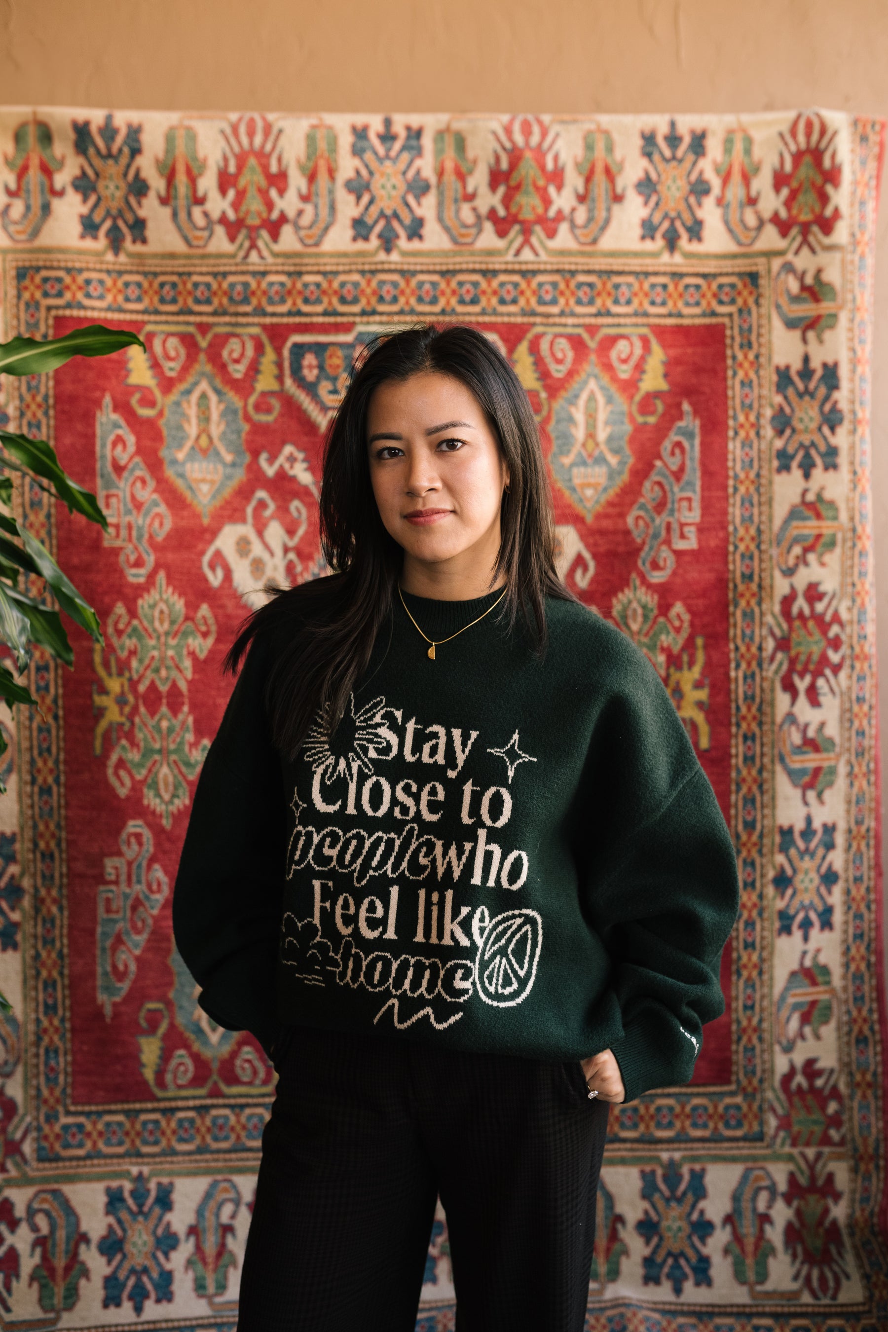 Stay Close to People Who Feel Like Home Knit Sweater - Forest Green