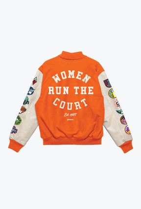 Women Run the Court Letterman Jacket - Orange/Ivory