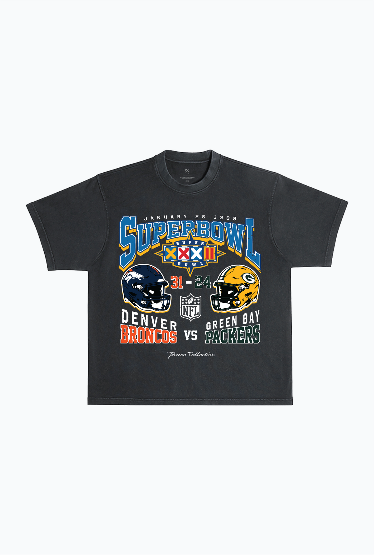 Super Bowl XXXII: Denver Broncos vs Green Bay Packers Garment Dyed Heavyweight T-Shirt - Black