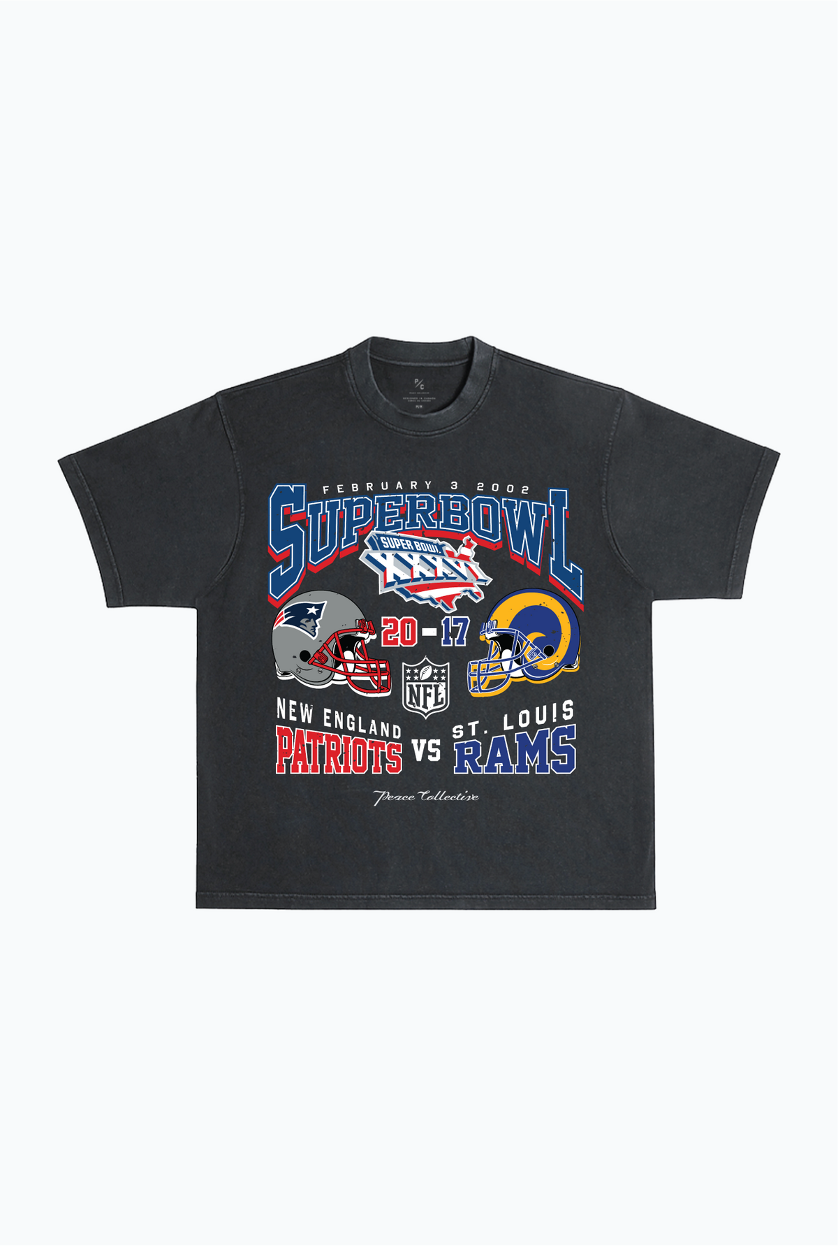 Super Bowl XXXVI: New England Patriots vs St. Louis Rams Garment Dyed Heavyweight T-Shirt - Black