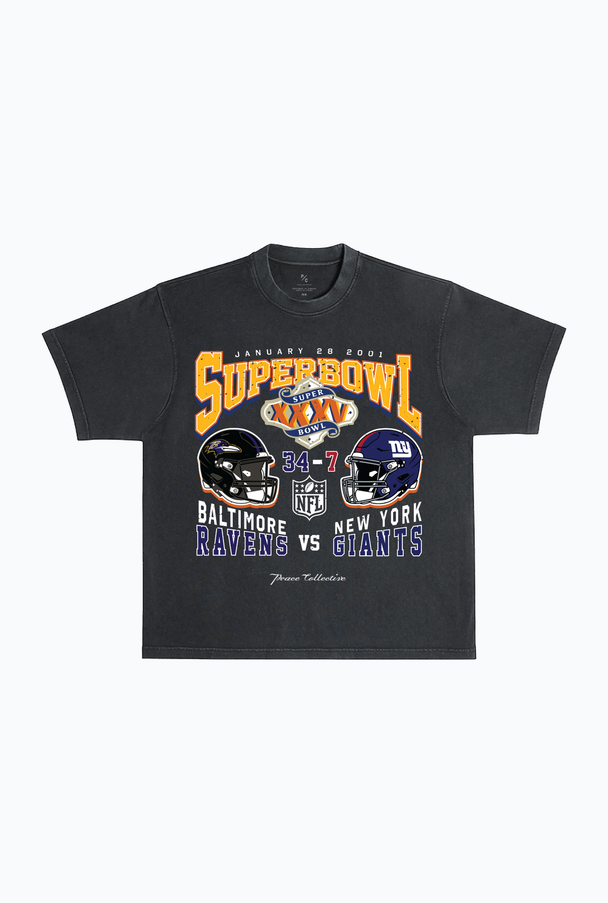 Super Bowl XXXV: Baltimore Ravens vs. New York Giants, schweres, stückgefärbtes T-Shirt – Schwarz