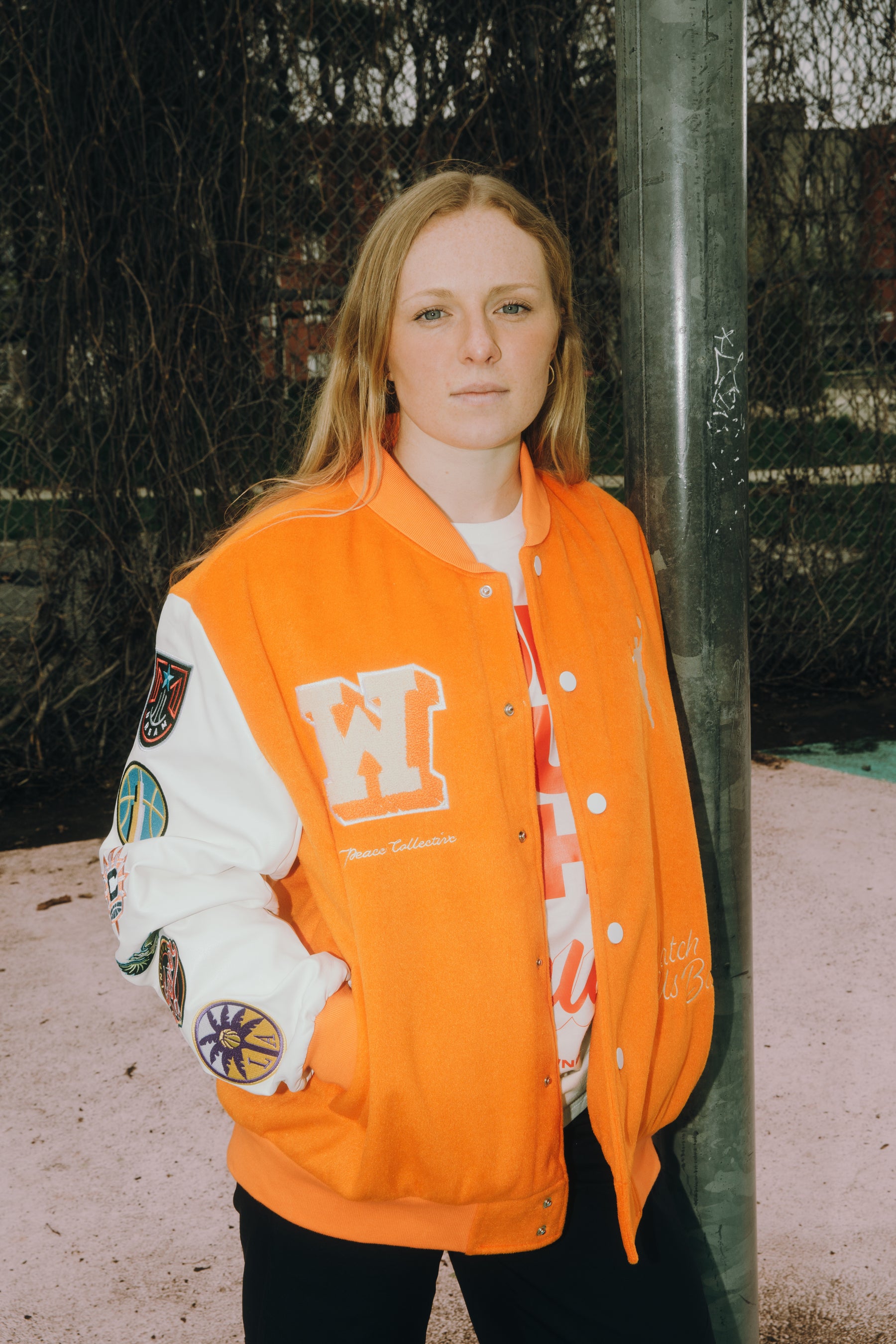 Women Run the Court Letterman Jacket - Orange/Ivory