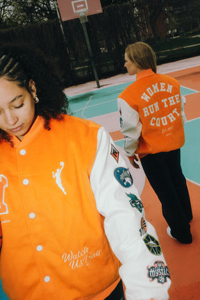 Women Run the Court Letterman Jacket - Orange/Ivory