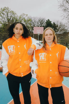 Women Run the Court Letterman Jacket - Orange/Ivory