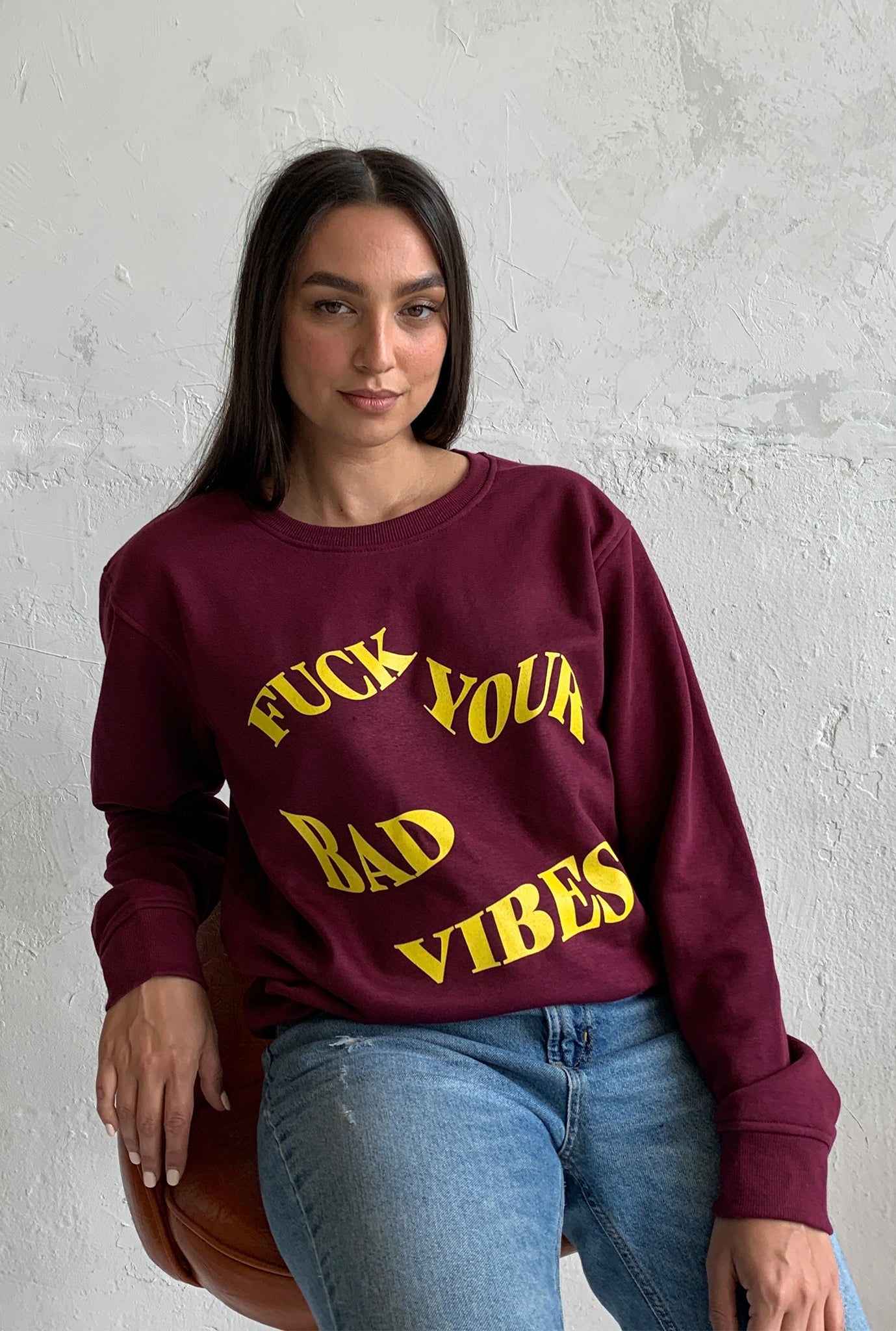 Fuck Your Bad Vibes Waved Graphic Crewneck - Maroon