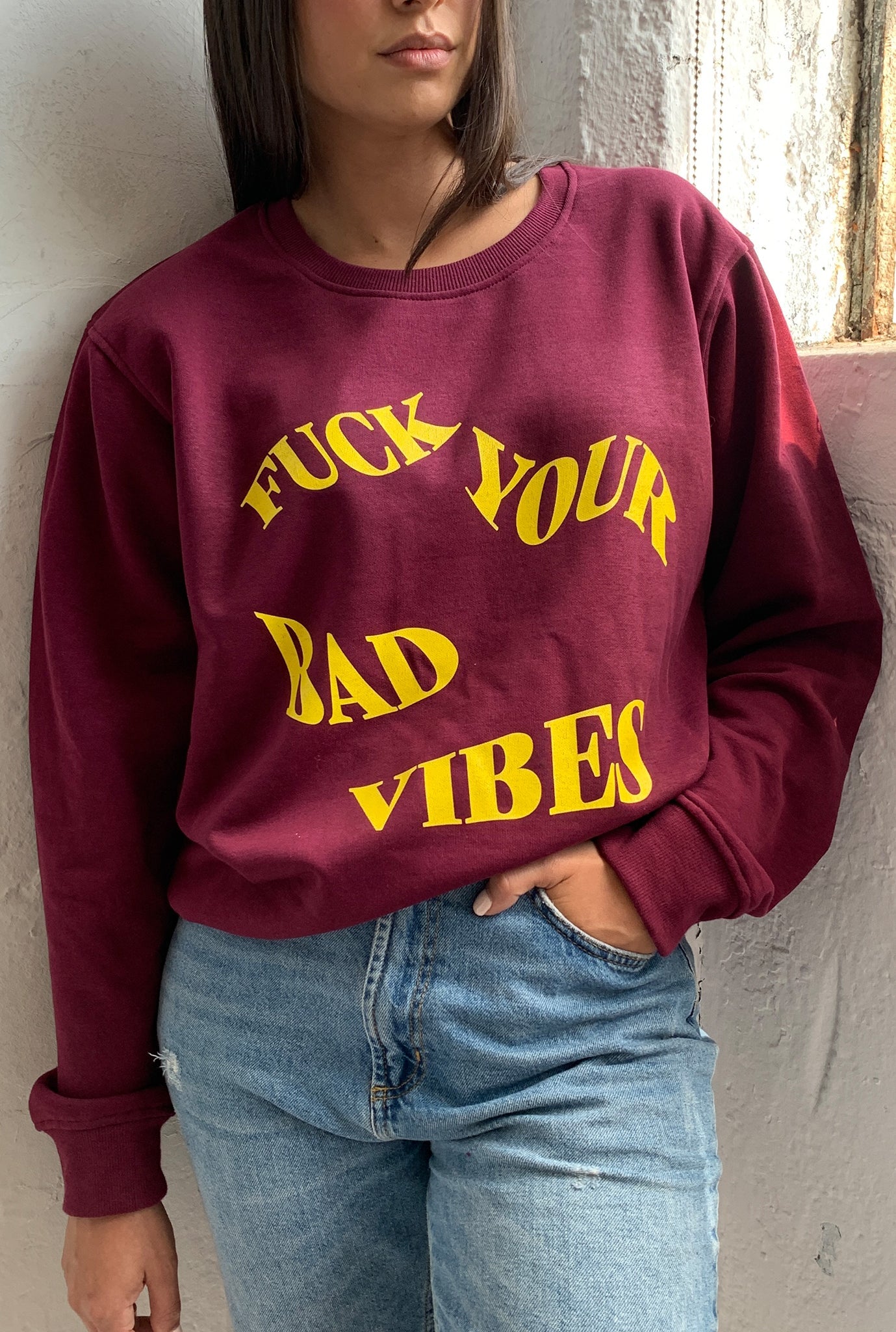 Fuck Your Bad Vibes Waved Graphic Crewneck - Maroon