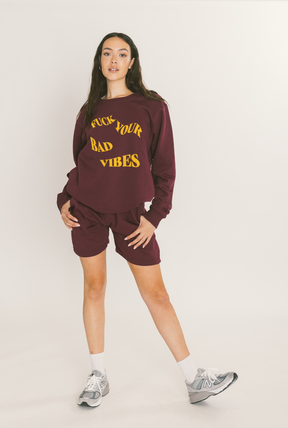 Fuck Your Bad Vibes Waved Graphic Crewneck - Maroon