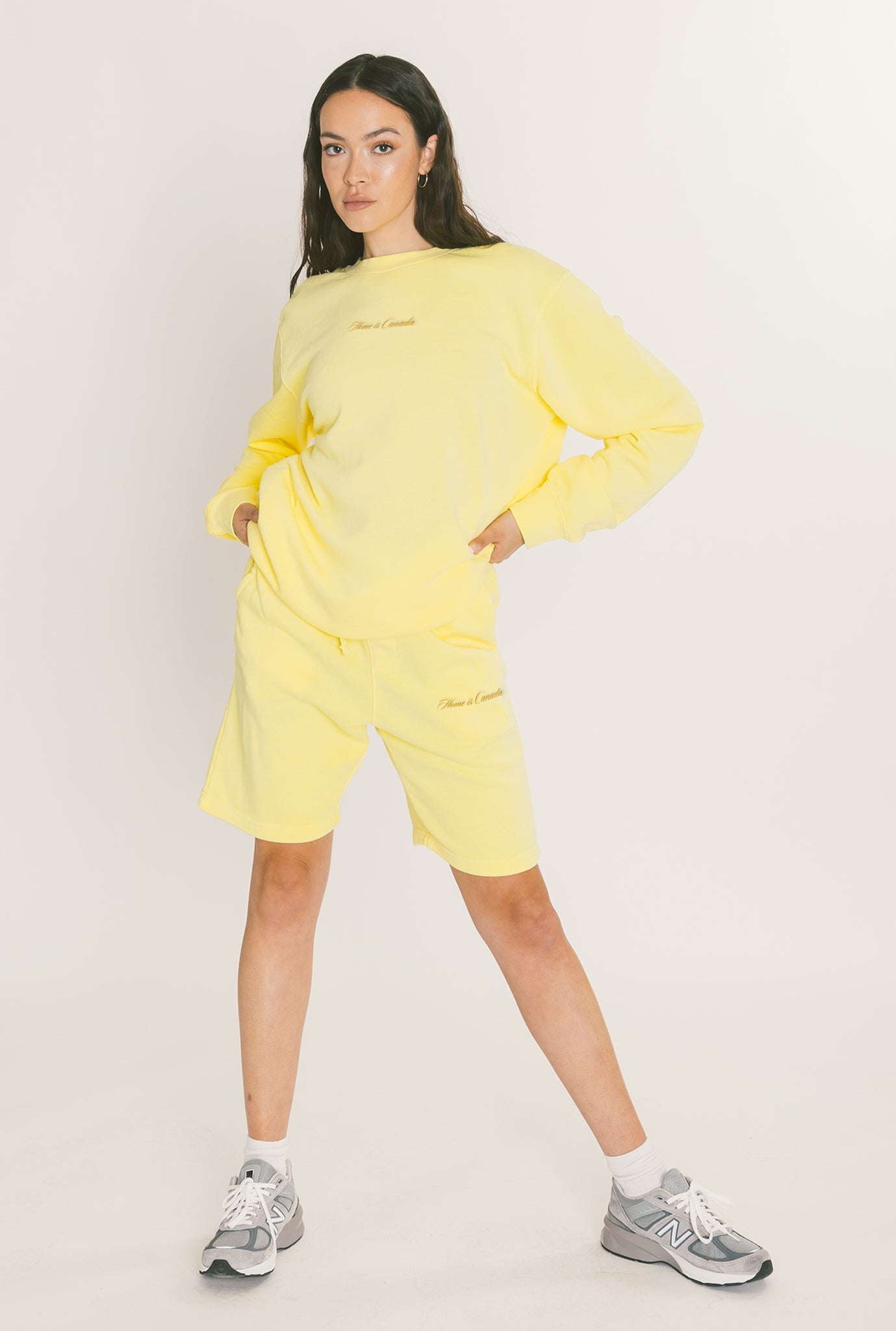 Home is Canada Cursive Logo Pigment Dye Shorts - Yellow